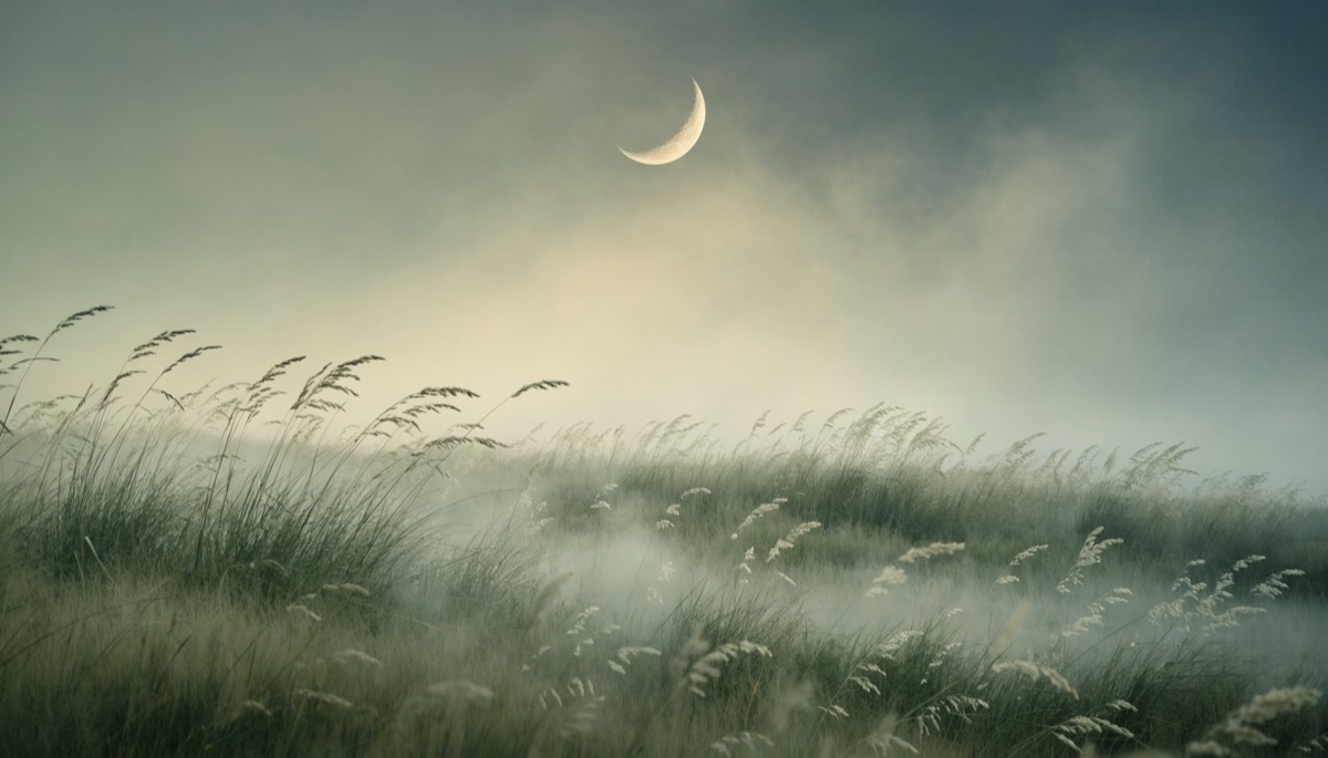 Phases of the moon over a calm meadow at night