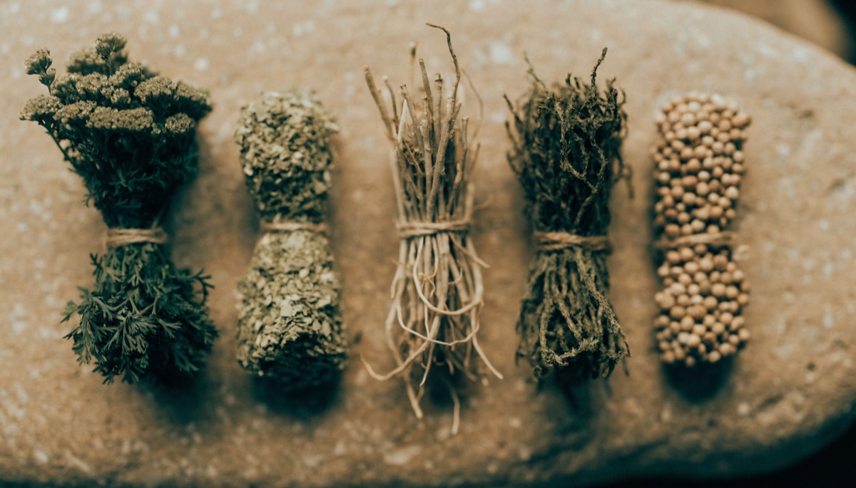 Five small bundles of dried herbs and roots arranged on stone