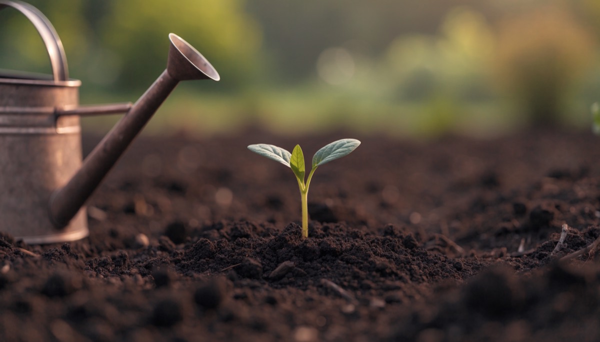 A freshly prepared garden bed with a young seedling and a watering can