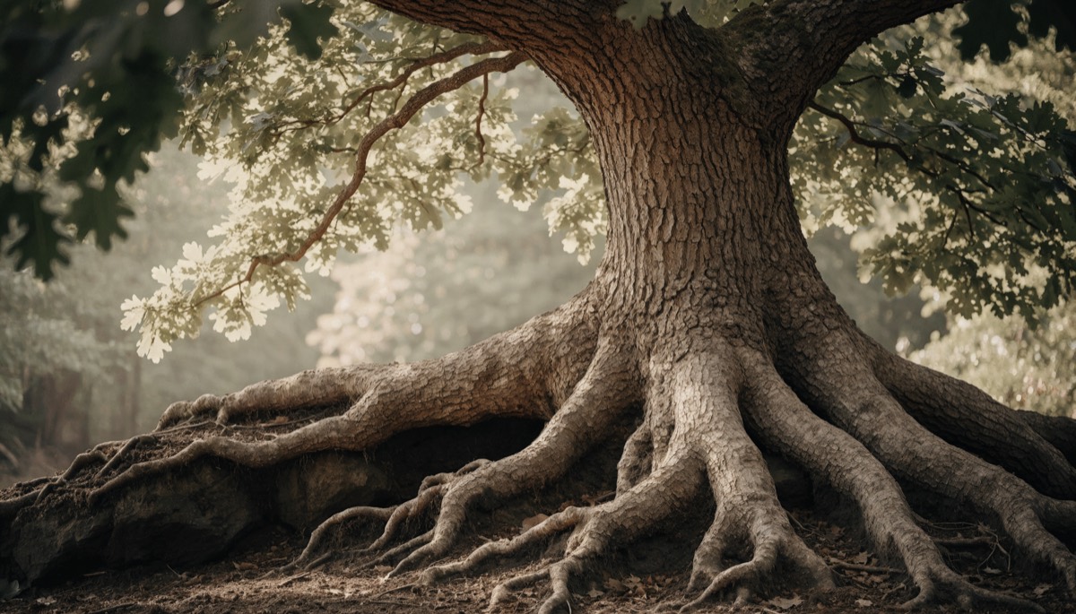 A strong oak tree with deep roots in rich earth, morning light