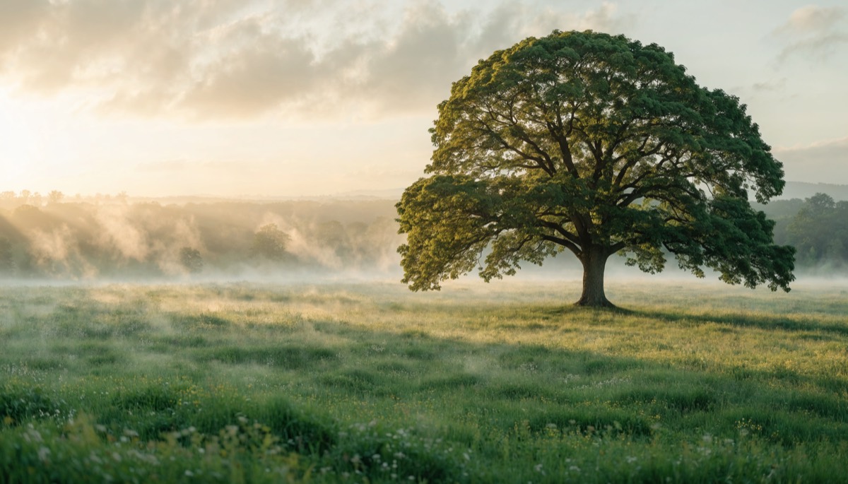 A lone tree in a green meadow at dawn with soft mist